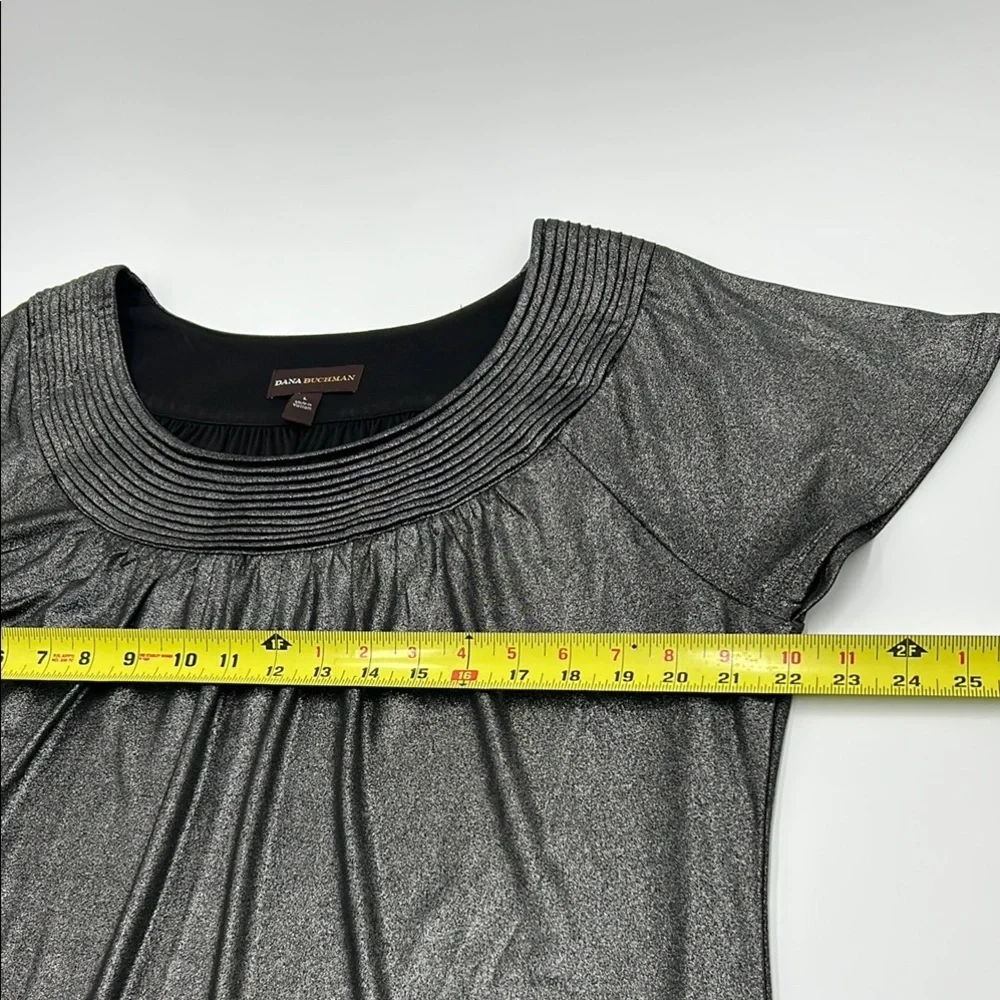 Dana Buchman Flutter Sleeve Blouse Large Gray Shimmer Pleated Nech Relaxed Fit